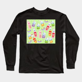 Colorful Kawaii Drinks on Green Long Sleeve T-Shirt